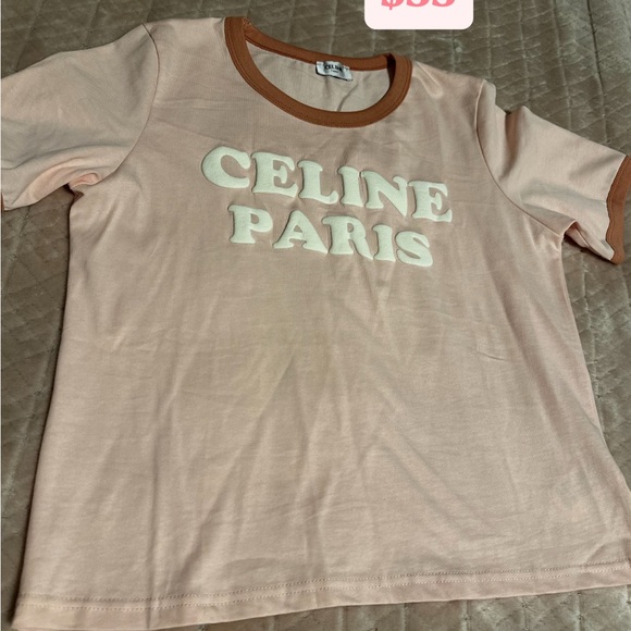 Celine Kids Tee in Soft Pink with Brown Trim - Picture 1 of 1